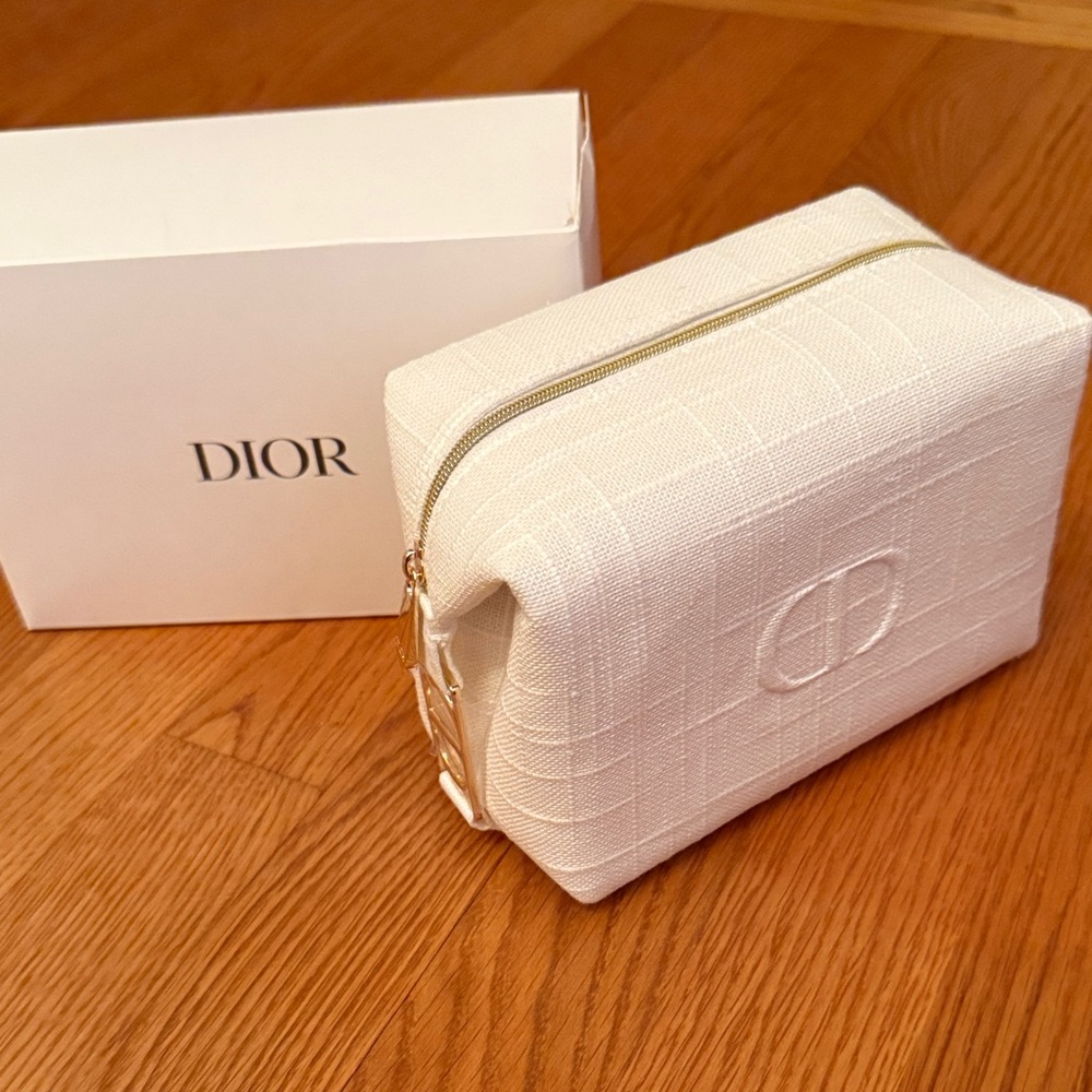 Dior Ivory Embossed Canvas Cosmetic Case with Gold Hardware